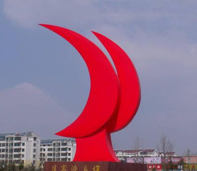 城市户外两个红色标志不锈钢月亮雕塑