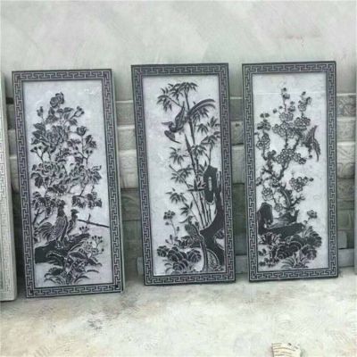 天然石材青石浮雕梅兰竹菊中式壁画庭院装饰摆件