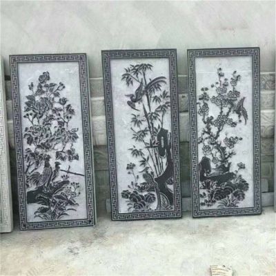 天然石材青石浮雕梅兰竹菊中式壁画庭院装饰摆件