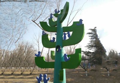 公园小区抽象大树和小鸟不锈钢雕塑