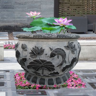 庭院青石浮雕水缸荷花雕塑
