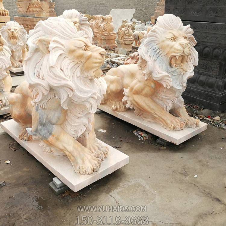 天然晚霞红欧式卧狮雕塑别墅园林雕塑