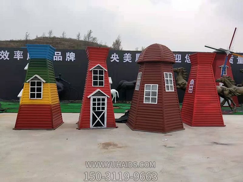儿童游乐广场彩三色玻璃钢风车雕塑