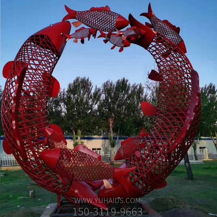 不锈钢镂空鲤鱼环绕圆环雕塑 户外公园小品摆件