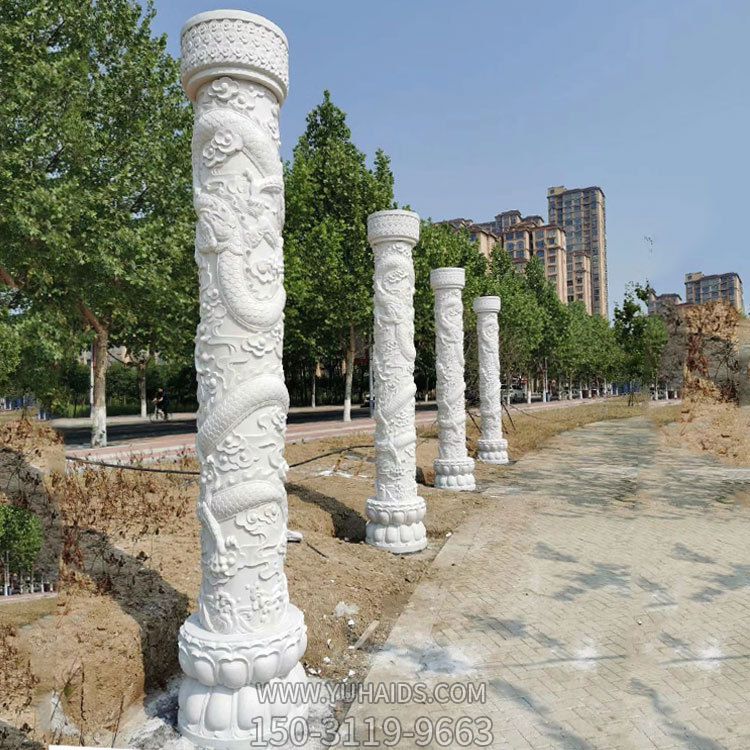 花园景观摆放中国龙纹大理石柱雕刻雕塑