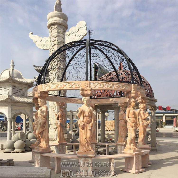 别墅花园装饰晚霞红浮雕西方仕女石柱铁艺镂空圆顶石凉亭雕塑
