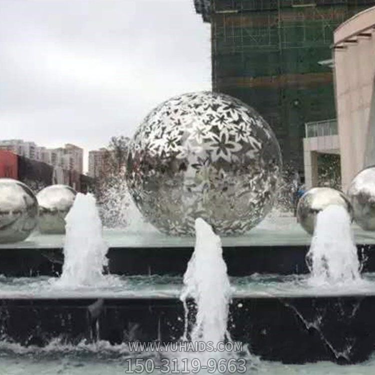 售楼部水池喷泉不锈钢花纹镂空球雕塑摆件 