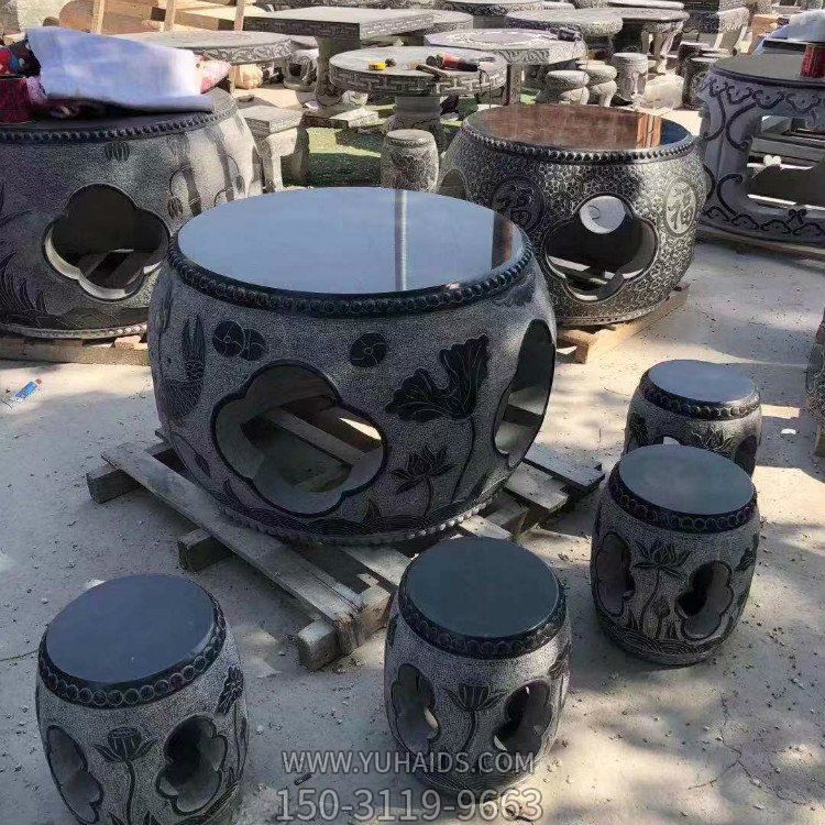  天然大理石黑浮雕镂空荷花庭院中式圆桌圆凳雕塑
