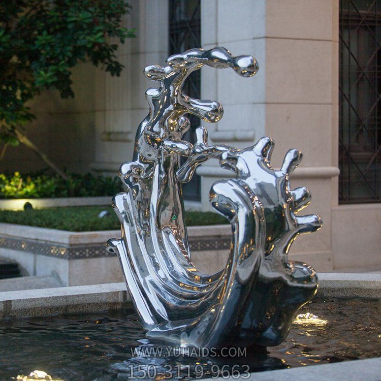 不锈钢抛光工艺制作抽象海浪浪花雕塑小区喷泉摆件