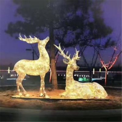 公园草坪摆放不锈钢镂空灯光亮化鹿雕塑