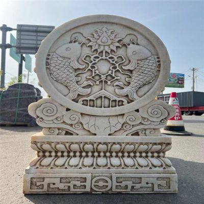 大理石做旧浮雕鲤鱼花纹吉祥抱鼓石摆件