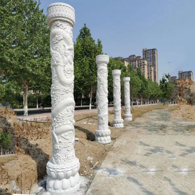 花园景观摆放中国龙纹大理石柱雕刻