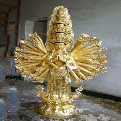 寺庙景区漆金铜雕十面千手观音雕塑