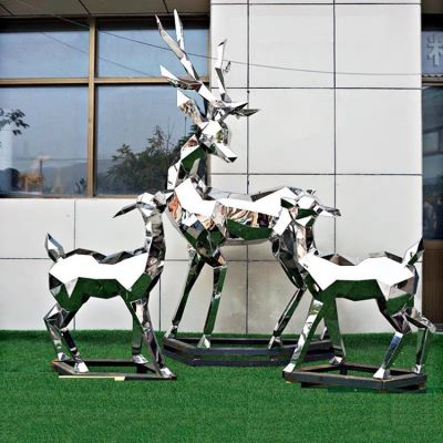 抽象动物雕塑户外草坪不锈钢几何梅花鹿雕塑