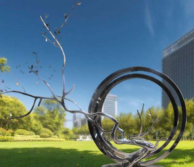 户外不锈钢镜面树枝造型创意抽象圆环雕塑