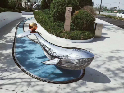 公园街道创意不锈钢水中游泳的海豚雕塑