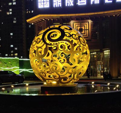 酒店创意不锈钢照明金色镂空球雕塑