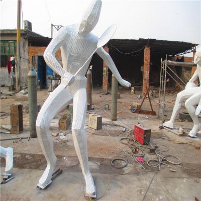 广场摆放不锈钢抽象打羽毛球人物雕塑