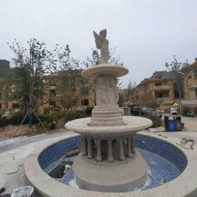 别墅花园水池摆放大理石雕刻欧式小天使二层流水喷泉