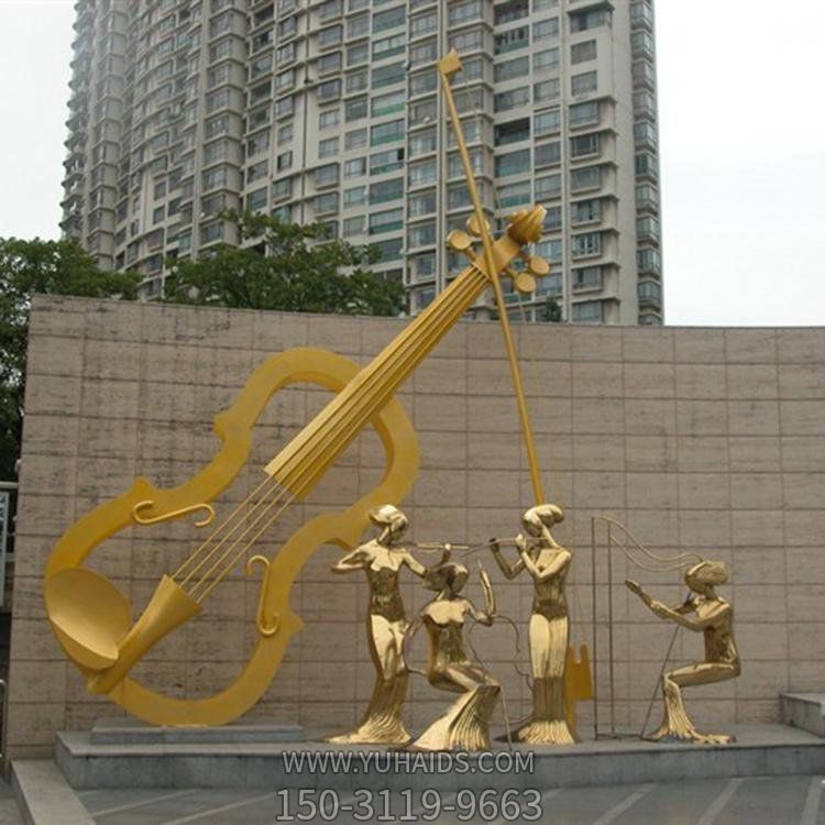 广场大型抽象不锈钢镜面演奏音乐的人物景雕塑
