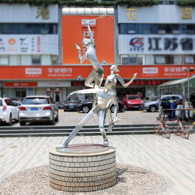 城市街道不锈钢几何抽象园林打羽毛球的人物雕塑