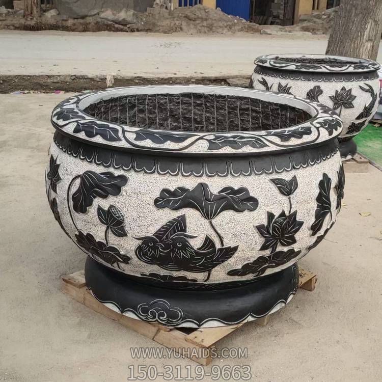 石雕仿古青石荷花鱼缸庭院养鱼中式天然石头圆形水缸雕塑
