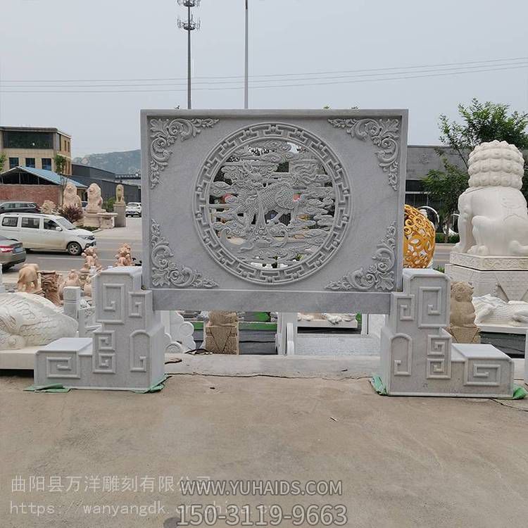 现代中式庭院别墅装饰大理石石雕镂空麒麟浮雕照壁雕塑
