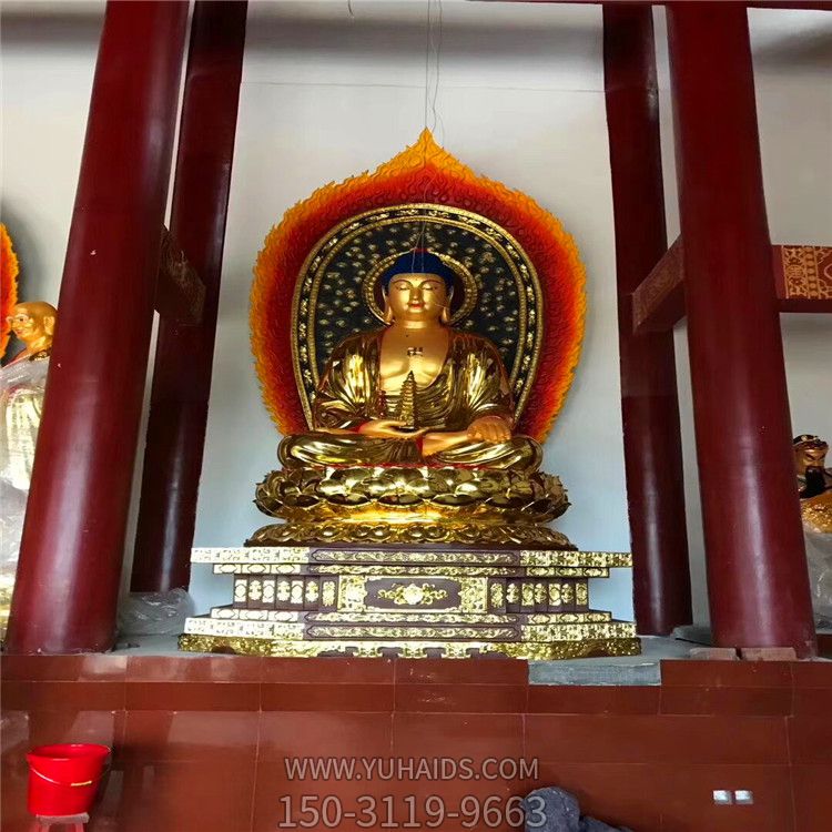 寺庙大型神佛不锈钢喷金烤漆三宝佛雕塑