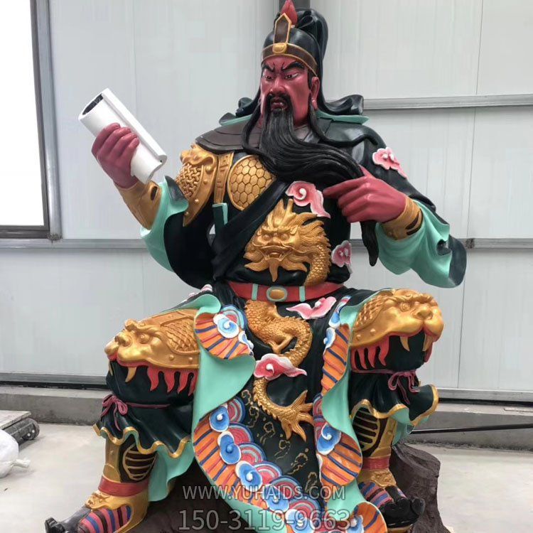 寺庙大型玻璃钢彩绘仿铜武财神雕塑
