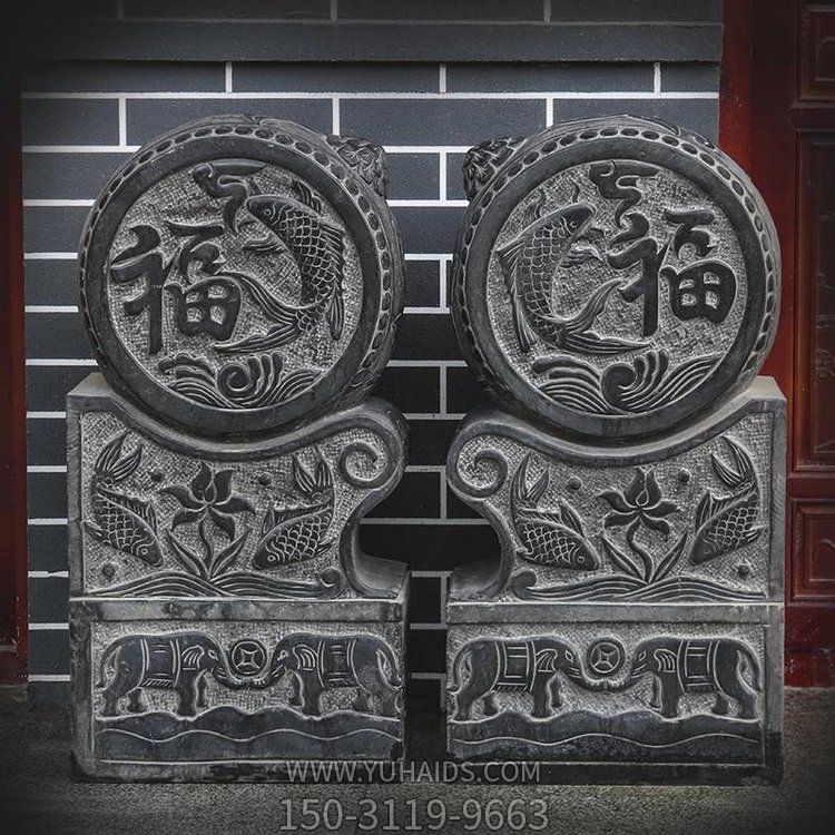 仿古做旧大理石浮雕大象吉祥如意别墅门前石墩雕塑