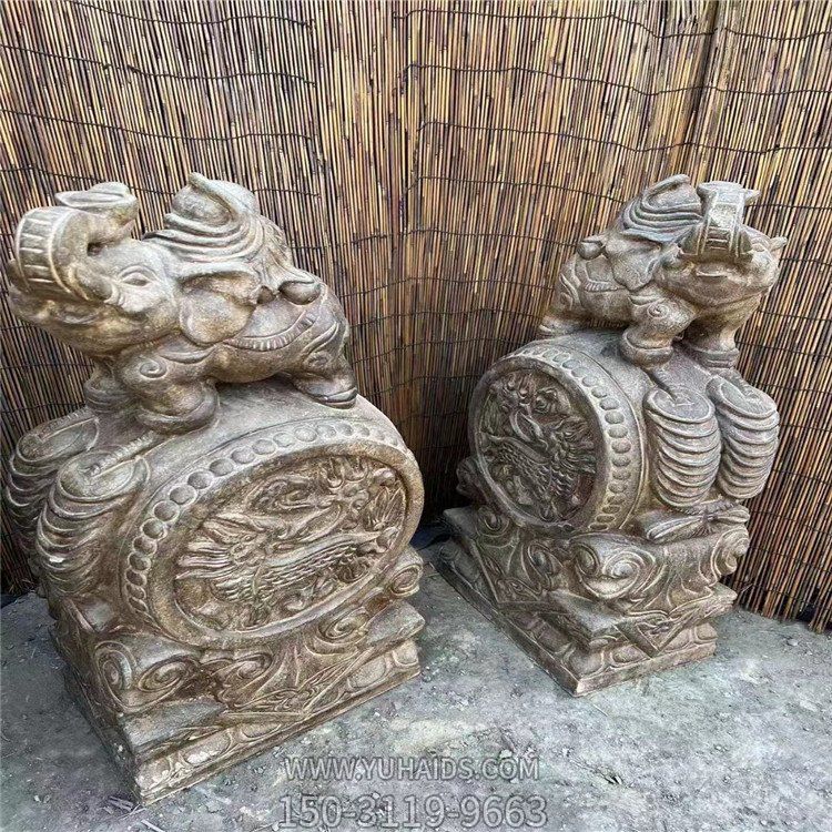 招财门墩，大象抱鼓石雕塑