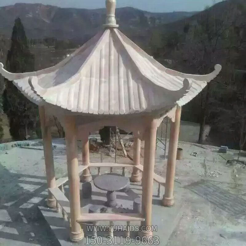 景区山顶摆放休息六角大理石凉亭雕塑