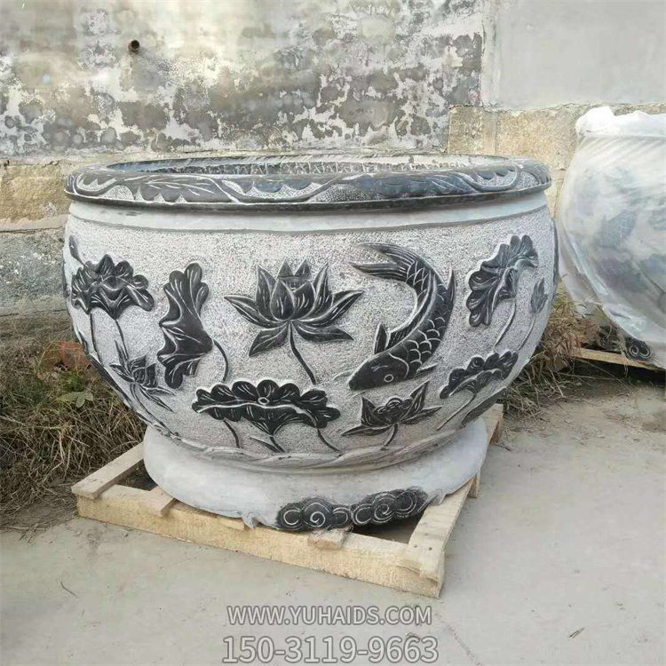  圆形仿古流水浮雕荷花石雕鱼缸摆件雕塑