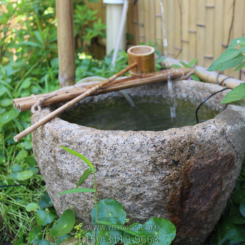 水缸造景摆件流水庭院景观日式石钵户外喷泉石槽鱼缸雕塑