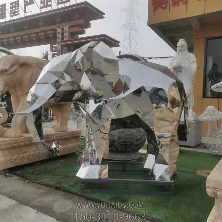 大象景观不锈钢几何块面动物景观大象雕塑