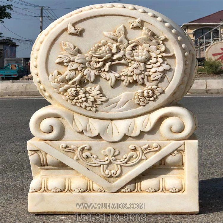庭院晚霞红浮雕花朵抱鼓石雕塑