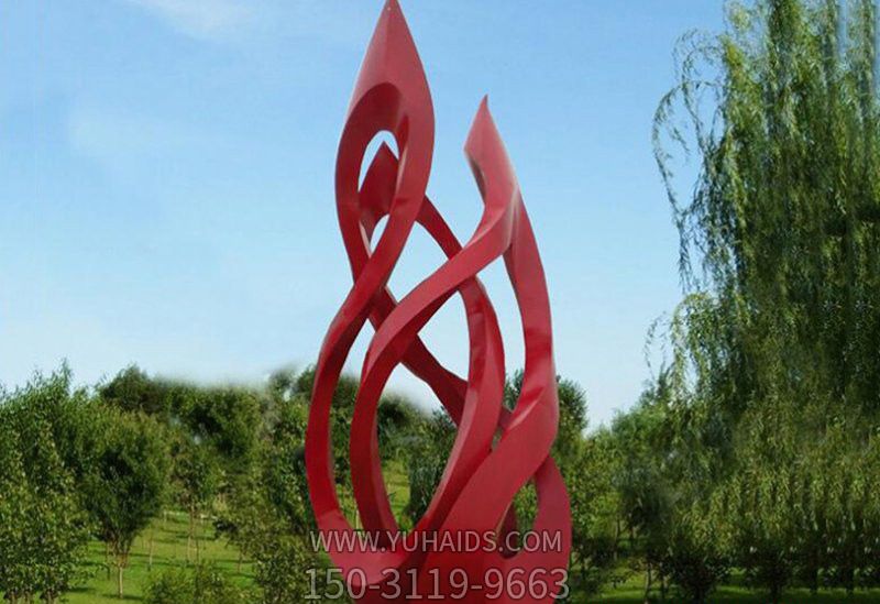 湖边草坪锻造不锈钢火苗雕塑