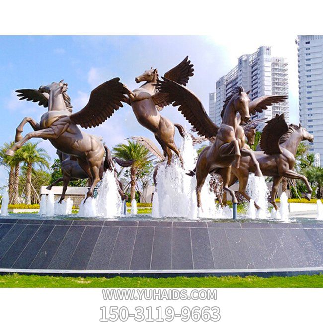 广场喷泉水池摆放玻璃钢仿铜欧式飞马雕像雕塑