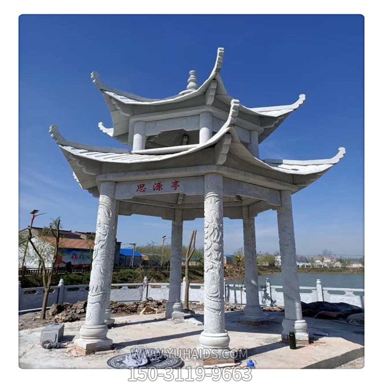 村庄湖边摆放大理石雕仿古建凉亭景观雕塑