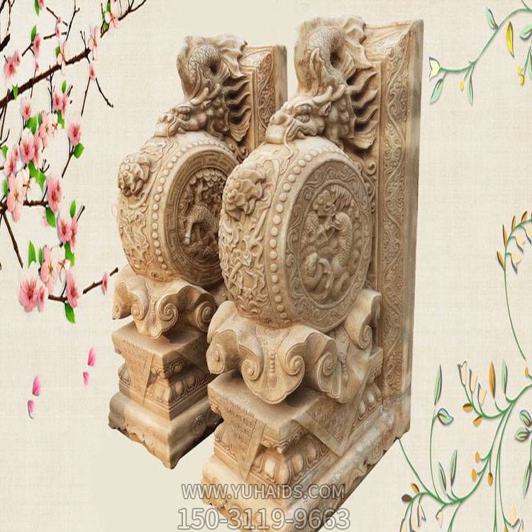 晚霞红石雕浮雕一对镇宅抱鼓石雕塑