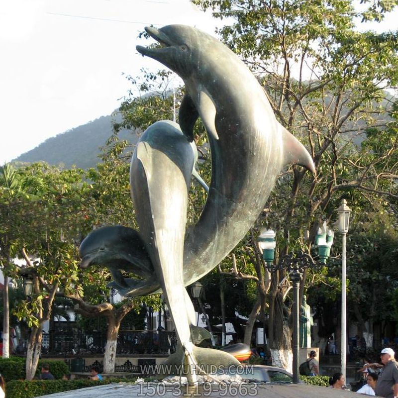 景区园林一家三口不锈钢海豚雕塑