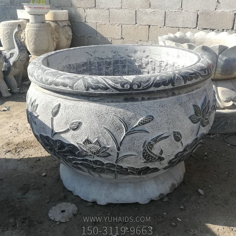 大理石园林摆件浮雕荷花缸雕塑
