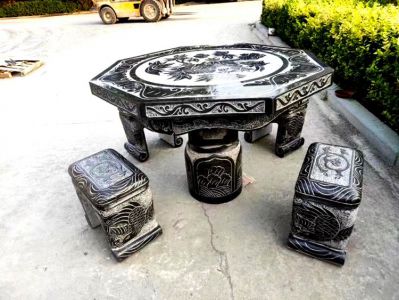 大理石黑雕刻花纹 八角石桌石凳别墅园林摆件 