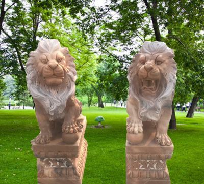 公园户外晚霞红一对石雕狮子雕塑