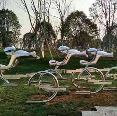 不锈钢镜面抽象骑自行车的人物雕塑