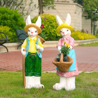 公园草坪树脂两只彩绘兔子雕塑