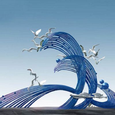 广场大型不锈钢镂空喷漆海浪海鸥雕塑