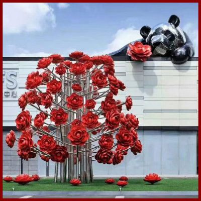 广场不锈钢烤漆玫瑰花树景观雕塑