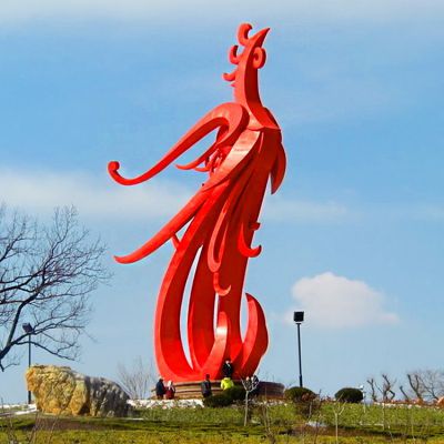 不锈钢喷漆红色公园广场摆放大型抽象凤凰雕塑