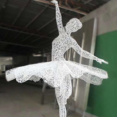 酒店会所装饰不锈钢网格抽象跳舞女孩小品雕塑水池摆件